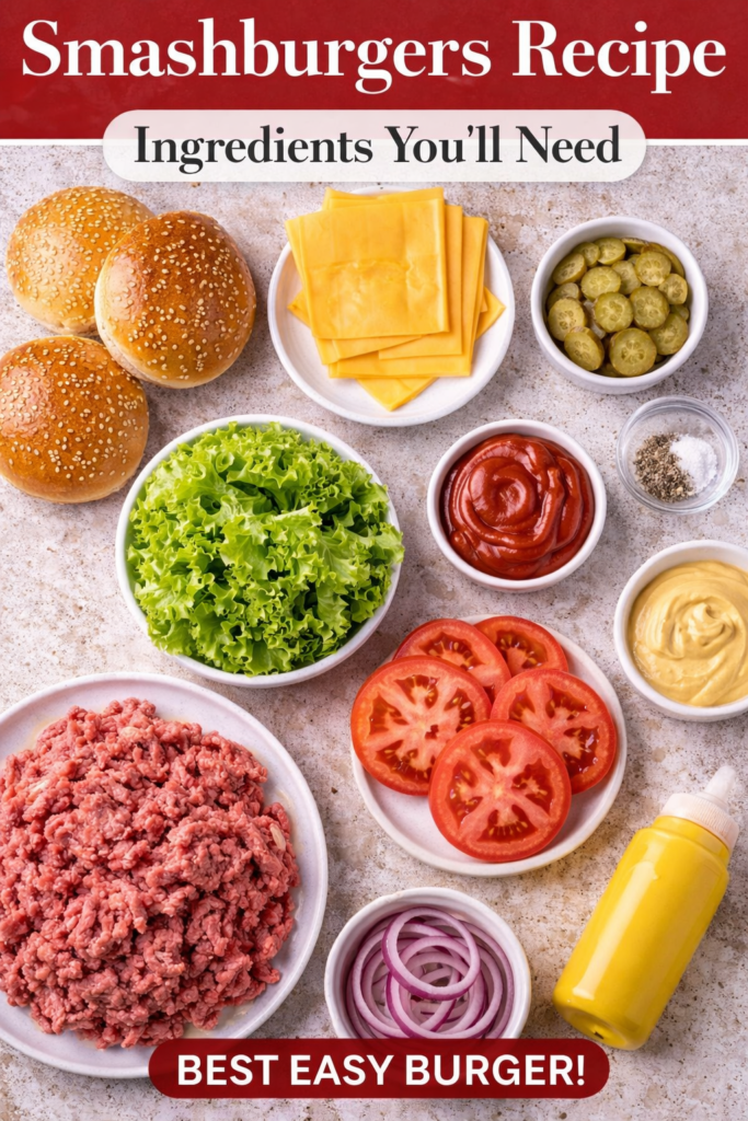 Smashburgers Recipe with Crispy Edges (Blackstone or Skillet) 10 Smashburgers recipe ingredients including ground beef, buns, cheese, lettuce, tomato, onions, pickles, ketchup, and mustard.