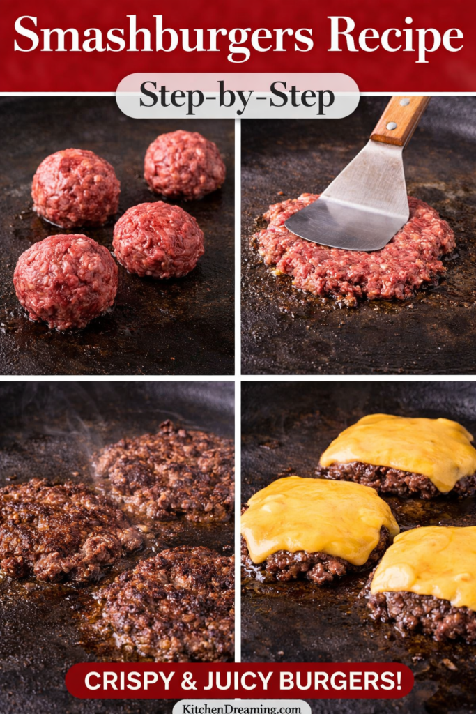 Smashburgers Recipe with Crispy Edges (Blackstone or Skillet) 11 Smashburgers recipe step by step showing beef balls, smashed patties, crispy searing, and melted cheese.