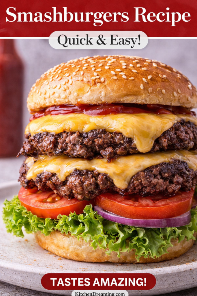 Smashburgers Recipe with Crispy Edges (Blackstone or Skillet) 12 Smashburgers recipe with crispy burger patties, melted cheese, lettuce, tomato, onion, and toasted sesame bun.