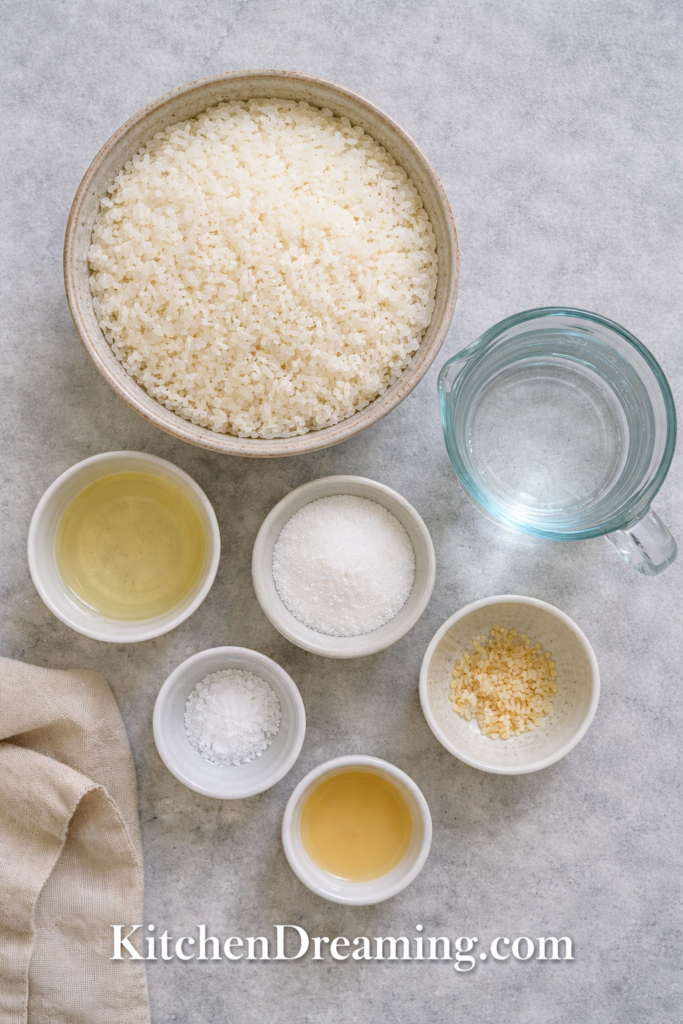 Sushi Rice Recipe Perfect Every Time (Stovetop, Rice Cooker, Instant Pot) 2 Flat lay of sushi rice ingredients including rice, vinegar, sugar, and salt.