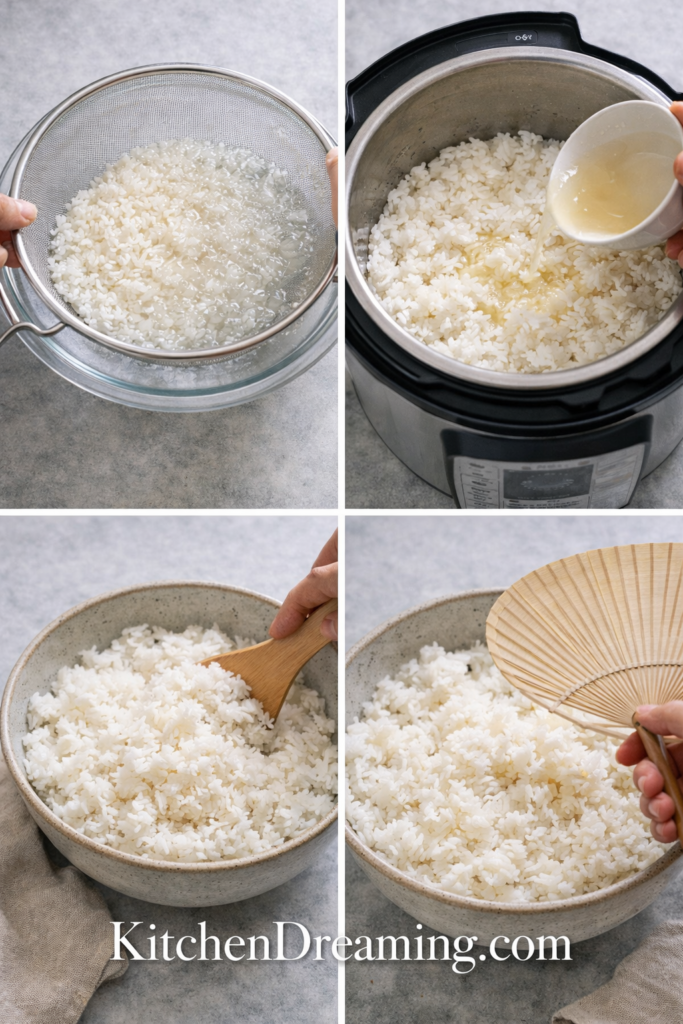 Sushi Rice Recipe Perfect Every Time (Stovetop, Rice Cooker, Instant Pot) 3 Step-by-step collage showing rinsing, cooking, and seasoning sushi rice.