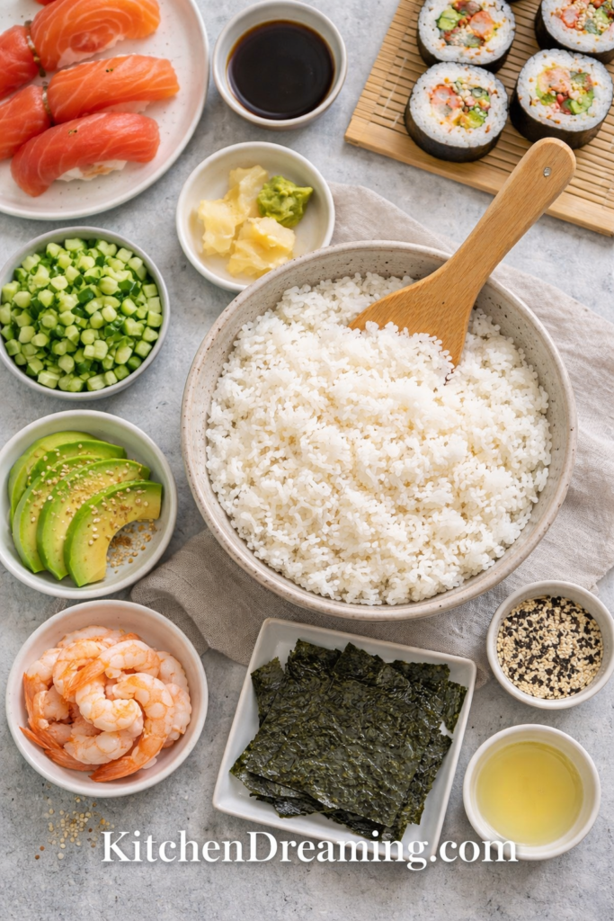 Sushi Rice Recipe Perfect Every Time (Stovetop, Rice Cooker, Instant Pot) 4 Sushi rice served with sushi rolls, tempura, and miso soup on a table.