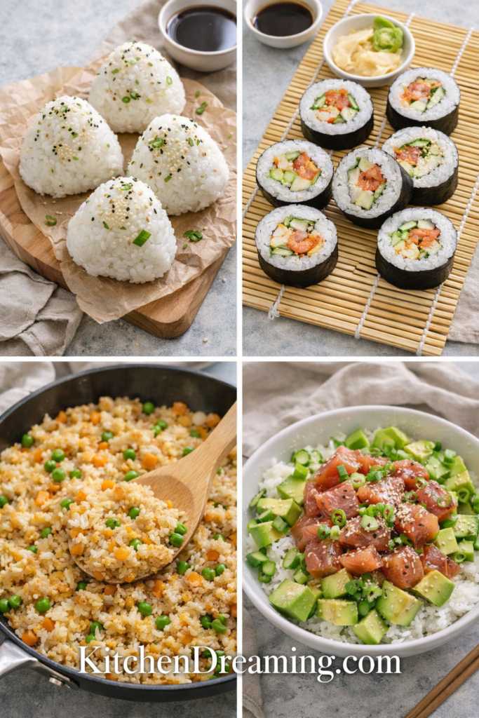 Sushi Rice Recipe Perfect Every Time (Stovetop, Rice Cooker, Instant Pot) 5 Collage of dishes made from leftover sushi rice including fried rice and rolls.
