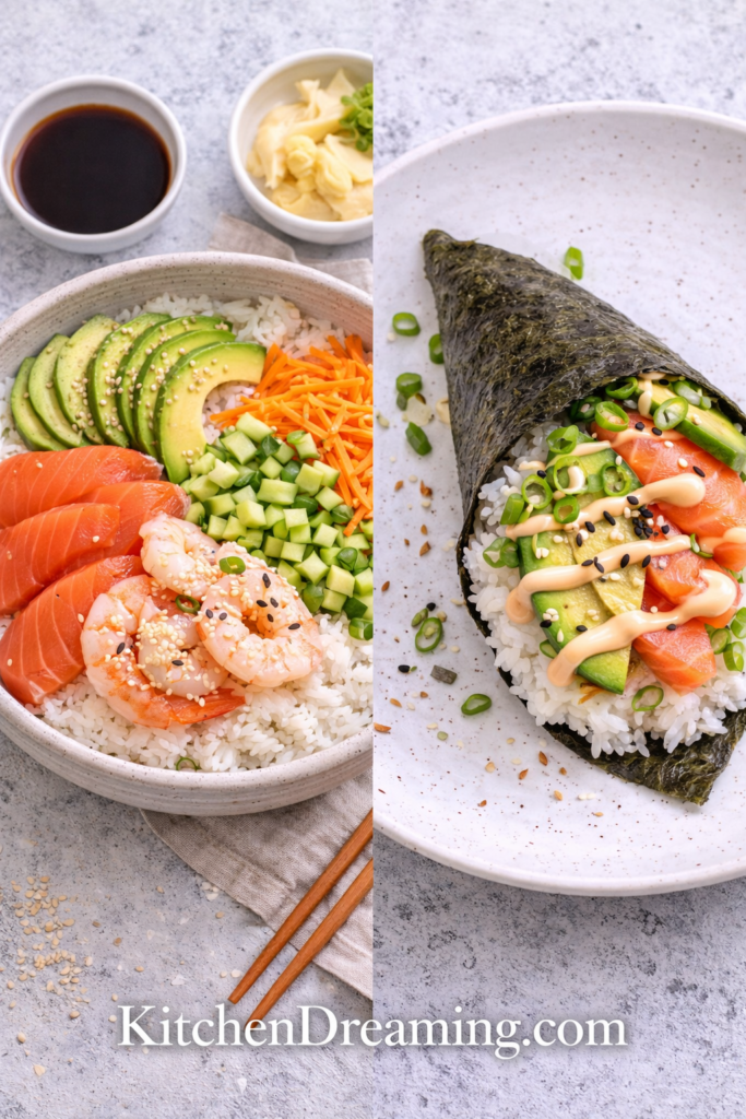 Sushi Rice Recipe Perfect Every Time (Stovetop, Rice Cooker, Instant Pot) 6 Close-up of glossy sushi rice in a bowl with sushi in the background.