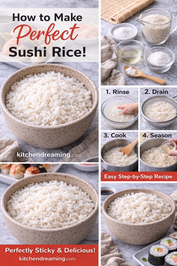 Sushi Rice Recipe Perfect Every Time (Stovetop, Rice Cooker, Instant Pot) 13 Pinterest graphic showing step-by-step instructions for making sushi rice.
