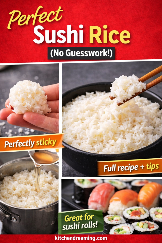 Sushi Rice Recipe Perfect Every Time (Stovetop, Rice Cooker, Instant Pot) 12 Pinterest image showing perfectly sticky sushi rice with bold text overlay.