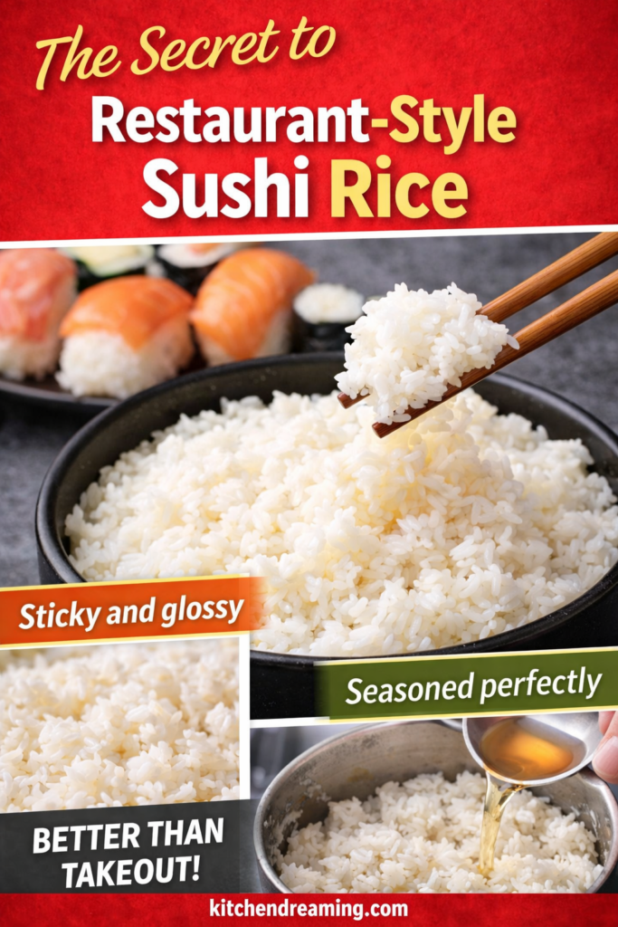 Sushi Rice Recipe Perfect Every Time (Stovetop, Rice Cooker, Instant Pot) 11 Pinterest graphic highlighting the secret to restaurant-style sushi rice.