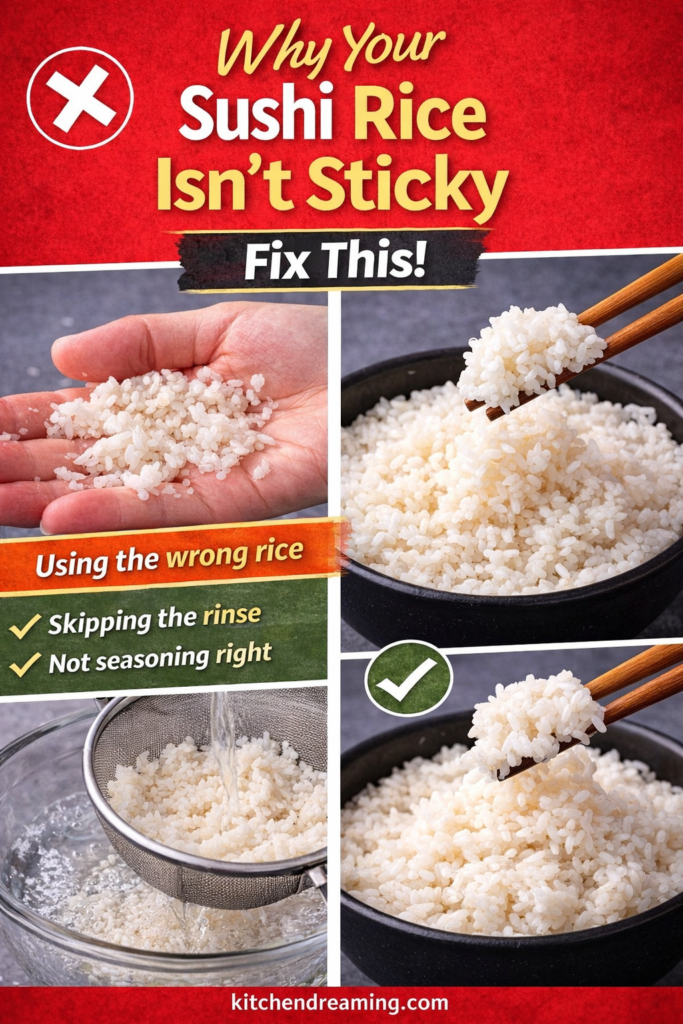 Sushi Rice Recipe Perfect Every Time (Stovetop, Rice Cooker, Instant Pot) 10 interest graphic explaining why sushi rice is not sticky and how to fix it.