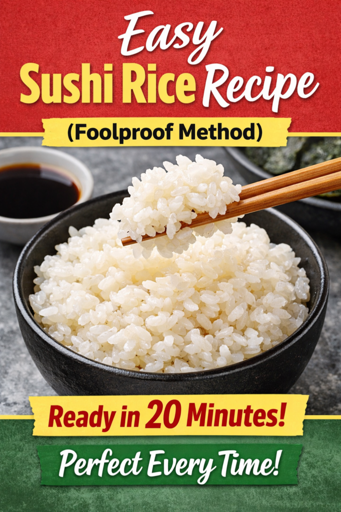 Sushi Rice Recipe Perfect Every Time (Stovetop, Rice Cooker, Instant Pot) 9 Pinterest pin showing easy sushi rice recipe with bold headline and rice bowl.