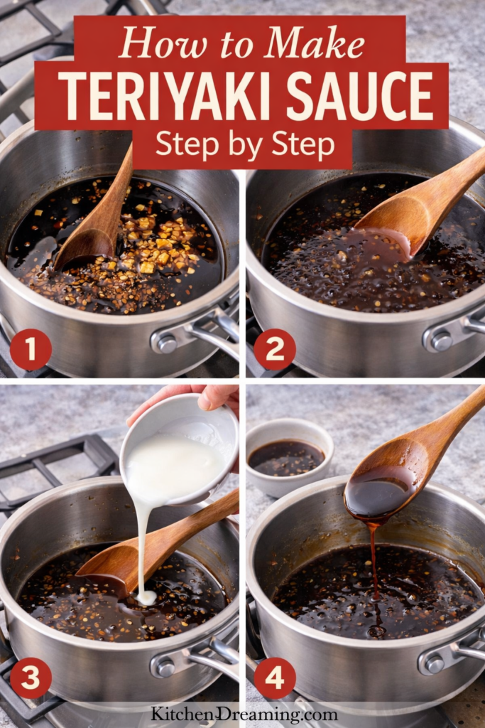 Easy Homemade Teriyaki Sauce Recipe (Simple, Sweet, Ready in 10 Minutes) 11 step by step homemade teriyaki sauce cooking process in saucepan.