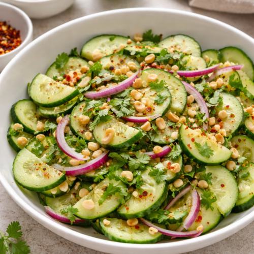 Thai Cucumber Salad Recipe (Easy, Sweet, Tangy & Refreshing) 8 Thai cucumber salad in a white bowl with cucumbers, red onion, cilantro, peanuts, and chili flakes.
