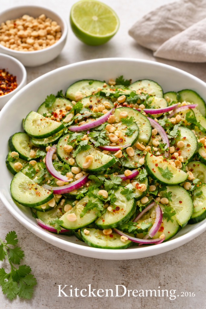 Thai cucumber salad in a white bowl with cucumbers, red onion, cilantro, peanuts, and chili flakes.