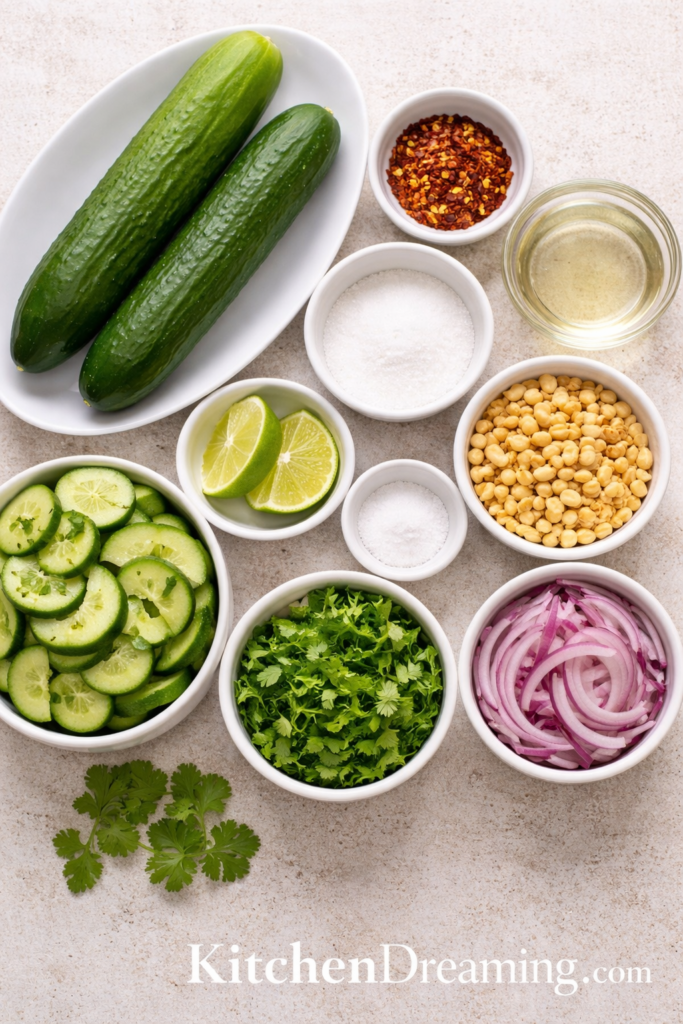Thai Cucumber Salad Recipe (Easy, Sweet, Tangy & Refreshing) 2 Thai cucumber salad ingredients arranged overhead with cucumbers, onion, cilantro, peanuts, vinegar, lime, sugar, salt, and chili flakes.