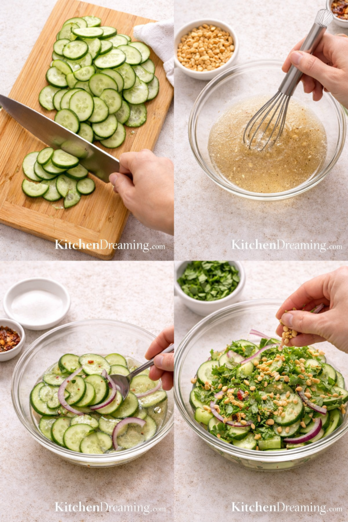 Thai Cucumber Salad Recipe (Easy, Sweet, Tangy & Refreshing) 3 Thai cucumber salad step-by-step collage showing slicing, dressing, mixing, and garnishing.