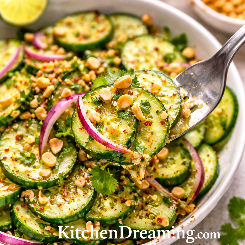 Thai Cucumber Salad Recipe (Easy, Sweet, Tangy & Refreshing) 6 Thai cucumber salad close-up overhead with cucumbers, red onion, cilantro, and peanuts.