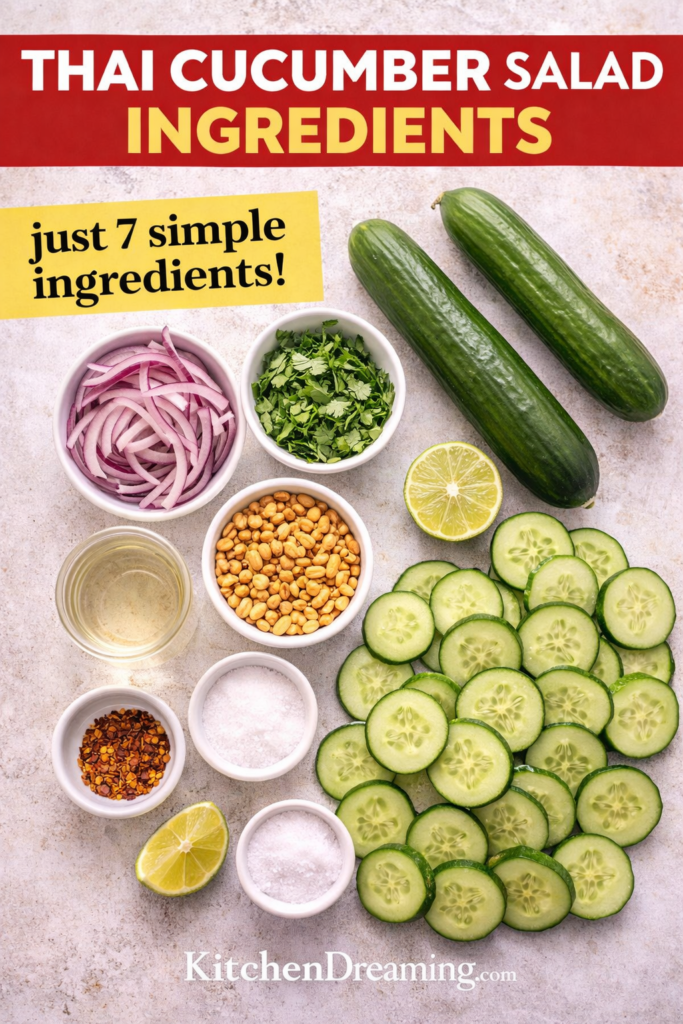 Thai Cucumber Salad Recipe (Easy, Sweet, Tangy & Refreshing) 10 Thai cucumber salad ingredients arranged overhead with cucumbers, onion, cilantro, peanuts, and dressing components.