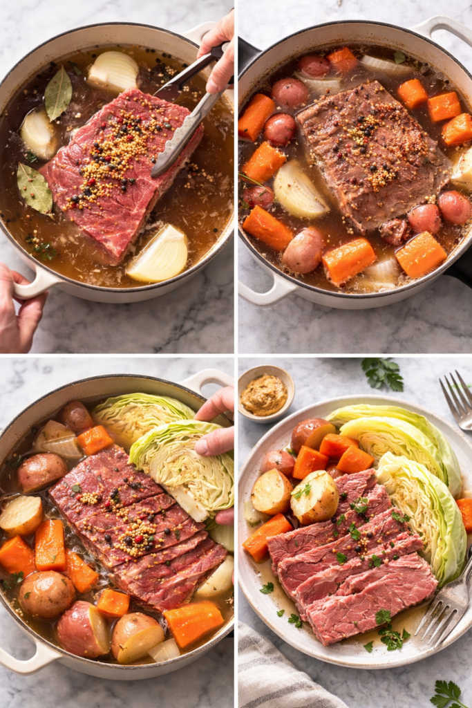 Traditional Corned Beef and Cabbage Recipe (Stovetop Boiled Method) 3 Step-by-step traditional corned beef and cabbage recipe simmering on stovetop.