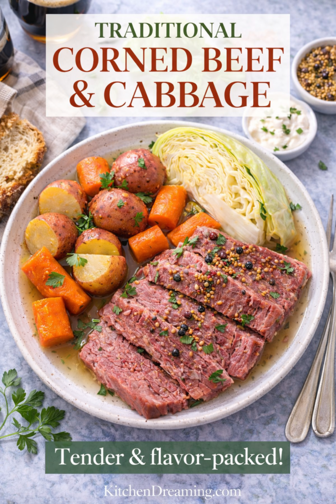 Traditional Corned Beef and Cabbage Recipe (Stovetop Boiled Method) 9 Traditional corned beef and cabbage recipe served with potatoes and cabbage.