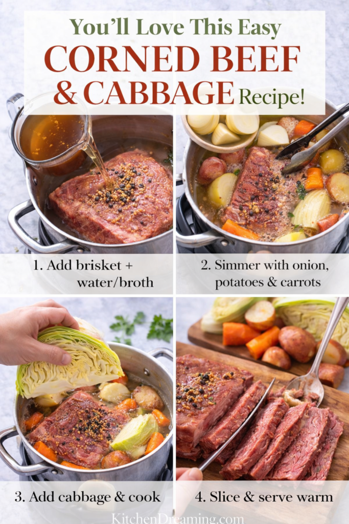 Traditional Corned Beef and Cabbage Recipe (Stovetop Boiled Method) 11 Step-by-step traditional corned beef and cabbage recipe simmering in pot.