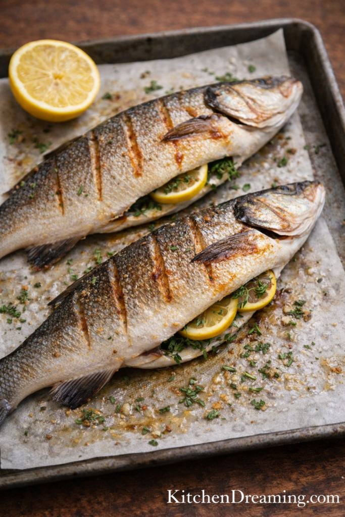 Easy Whole Branzino Recipe (Mediterranean Oven-Roasted Fish) 8 Whole branzino recipe final image with rich texture styling and a warm Mediterranean food blog look.