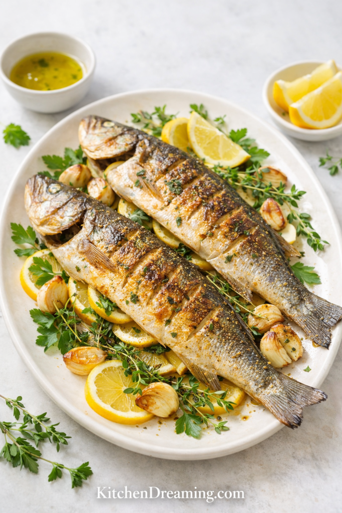 Whole branzino recipe with two roasted fish, lemon slices, garlic, and fresh herbs on a serving platter.