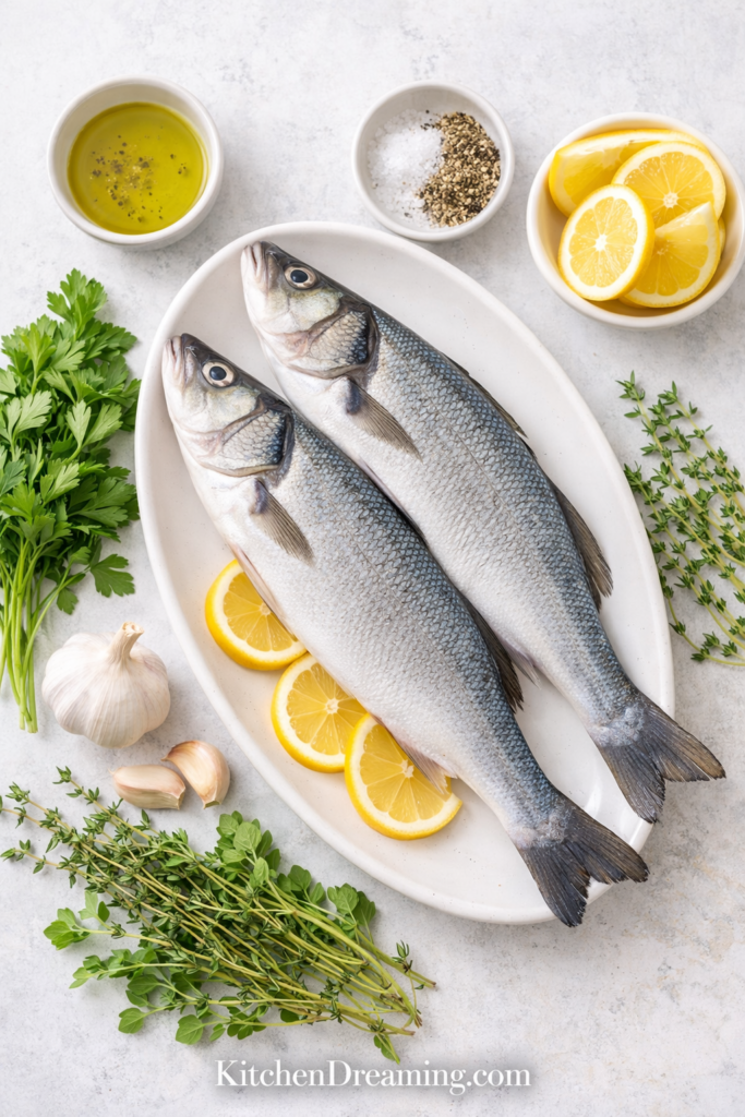 Easy Whole Branzino Recipe (Mediterranean Oven-Roasted Fish) 2 Whole branzino recipe ingredients including raw branzino, olive oil, lemon, garlic, parsley, thyme, salt, and pepper.