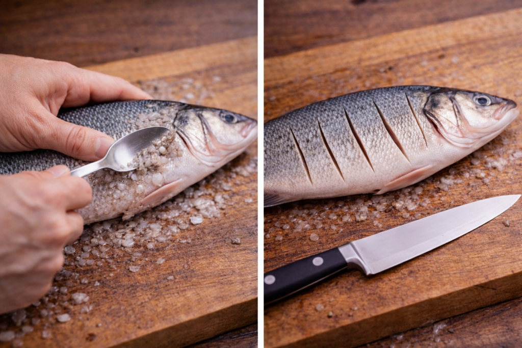 Easy Whole Branzino Recipe (Mediterranean Oven-Roasted Fish) 3 Whole branzino recipe showing how to remove scales and score the fish before cooking.