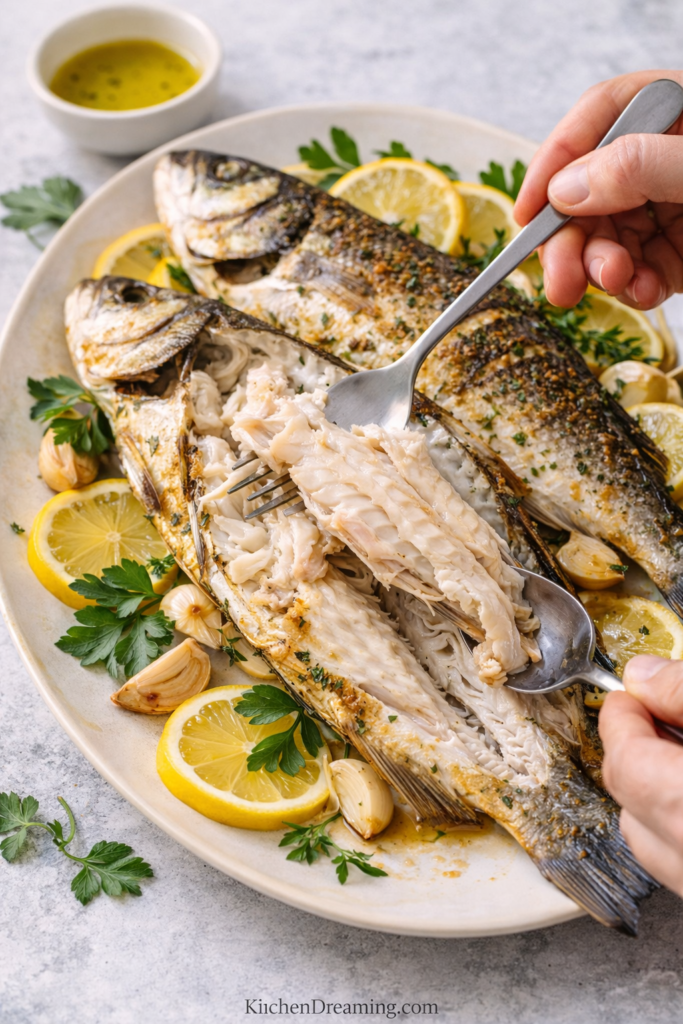 Easy Whole Branzino Recipe (Mediterranean Oven-Roasted Fish) 6 Whole branzino recipe showing how to lift the cooked fillet from the bone with a fork and spoon