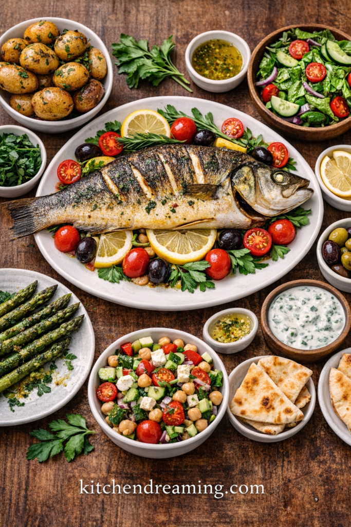 Easy Whole Branzino Recipe (Mediterranean Oven-Roasted Fish) 5 Whole branzino recipe served with roasted potatoes, salad, vegetables, grain salad, pita, and Mediterranean sides.