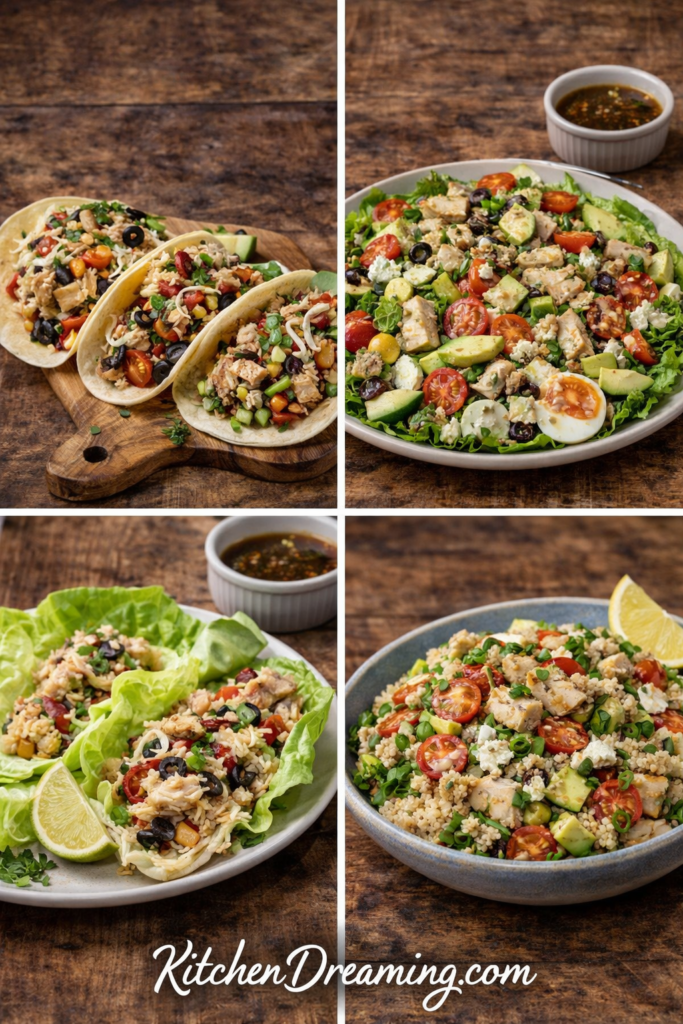 Easy Whole Branzino Recipe (Mediterranean Oven-Roasted Fish) 7 Whole branzino recipe leftover ideas including fish tacos, salad, lettuce cups, and a grain bowl.