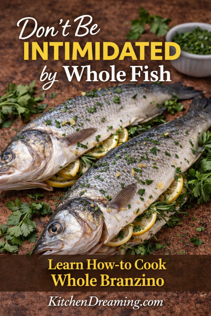 Easy Whole Branzino Recipe (Mediterranean Oven-Roasted Fish) 12 Whole branzino recipe showing raw fish preparation with lemon, herbs, and seasoning.