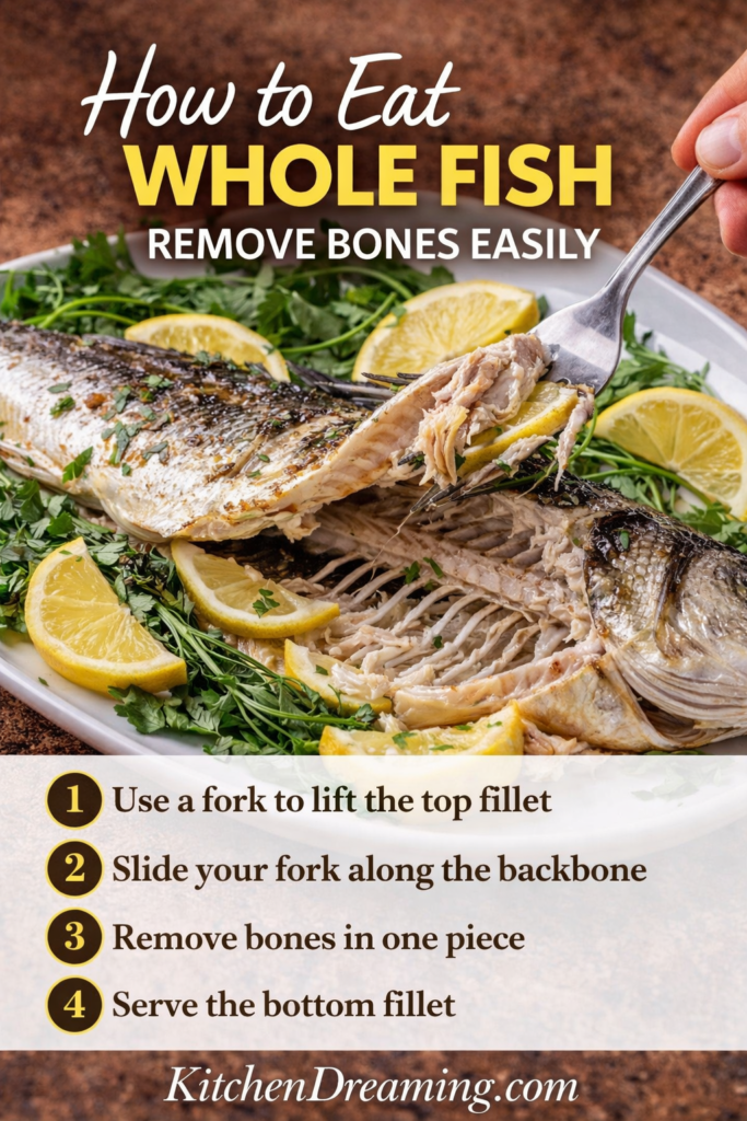 Easy Whole Branzino Recipe (Mediterranean Oven-Roasted Fish) 13 Whole branzino recipe showing how to remove bones and lift fillet from cooked fish.