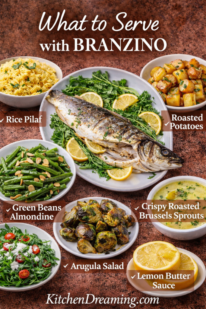 Easy Whole Branzino Recipe (Mediterranean Oven-Roasted Fish) 14 Whole branzino recipe served with roasted potatoes, salad, vegetables, and side dishes.