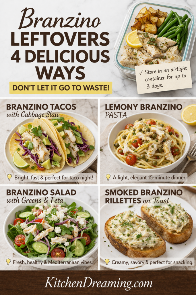 Easy Whole Branzino Recipe (Mediterranean Oven-Roasted Fish) 15 Whole branzino recipe leftovers used in tacos, salad, lettuce wraps, and grain bowls.
