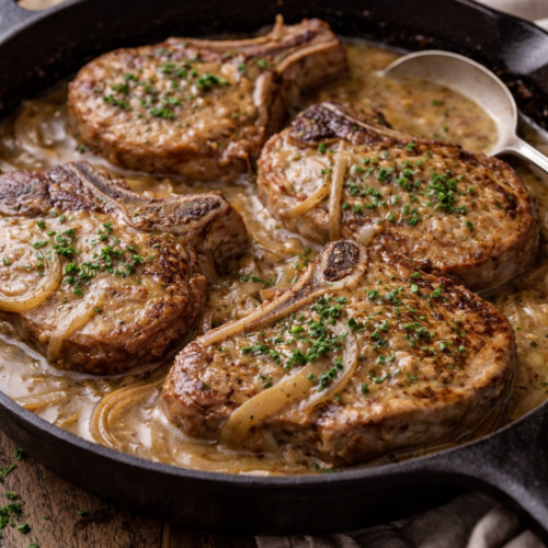 Smothered Pork Chops Recipe with Homemade Gravy (Easy Skillet) 8 Smothered pork chops in homemade gravy cooked in a cast iron skillet.