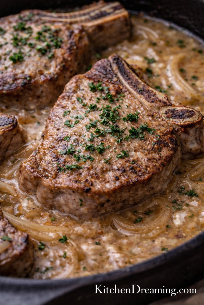 Smothered Pork Chops Recipe with Homemade Gravy (Easy Skillet) 6 Close up of smothered pork chops with rich onion gravy and tender texture.