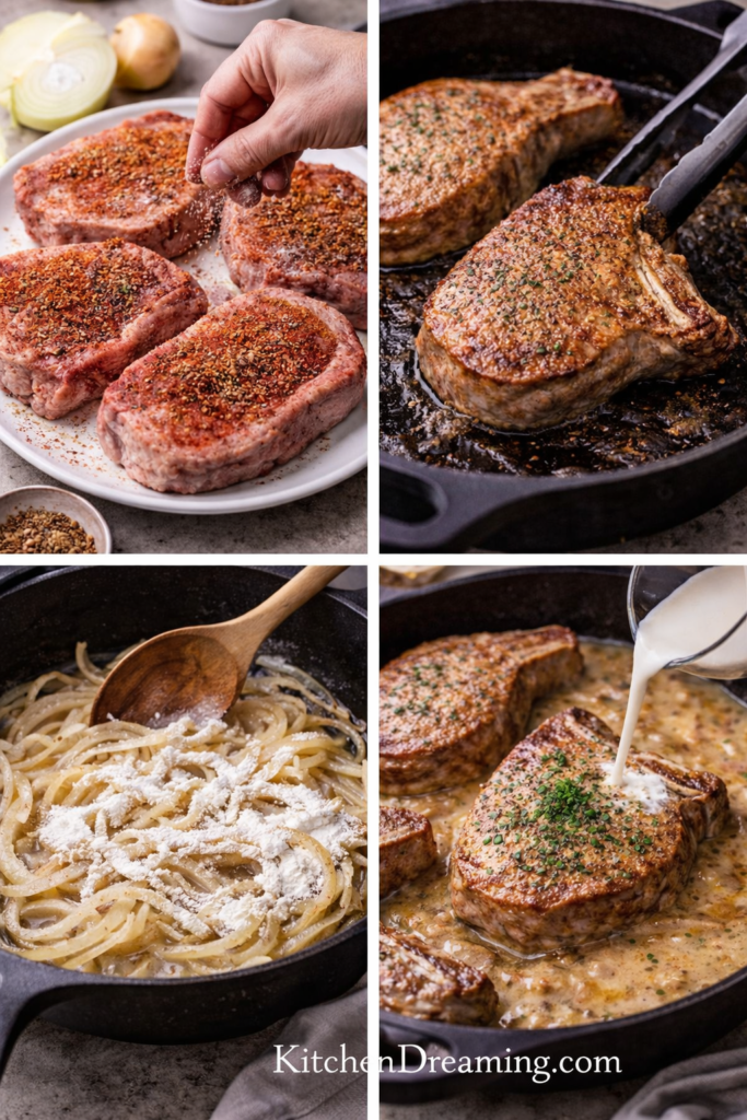 Smothered Pork Chops Recipe with Homemade Gravy (Easy Skillet) 3 Step by step smothered pork chops cooking process in a skillet.