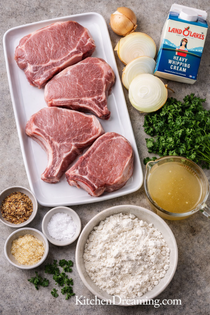 Smothered Pork Chops Recipe with Homemade Gravy (Easy Skillet) 2 Ingredients for smothered pork chops including pork chops onions flour and broth.