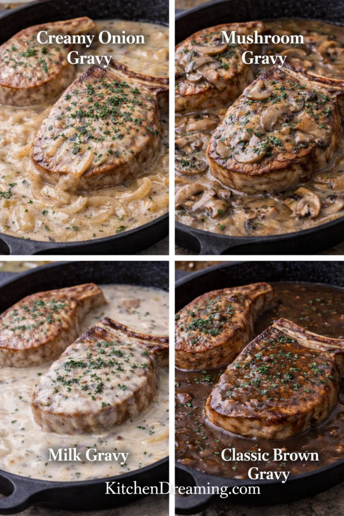 Smothered Pork Chops Recipe with Homemade Gravy (Easy Skillet) 4 four types of gravy for smothered pork chops including onion milk mushroom and brown gravy.
