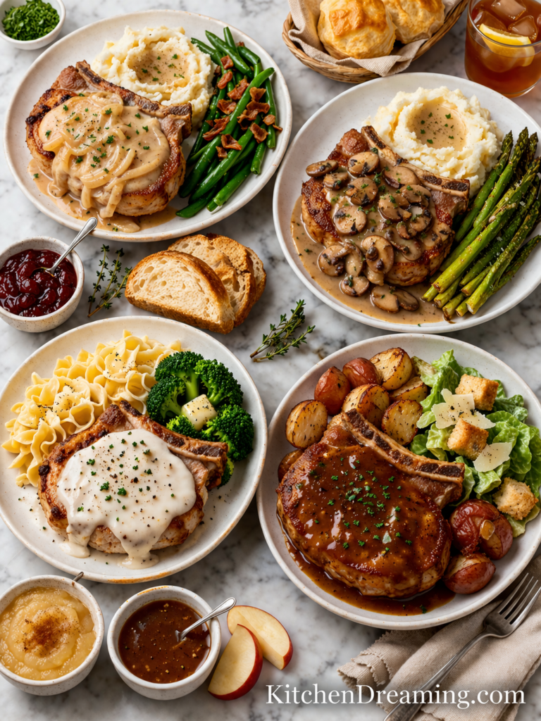Smothered Pork Chops Recipe with Homemade Gravy (Easy Skillet) 5 mothered pork chops served with mashed potatoes and green beans.