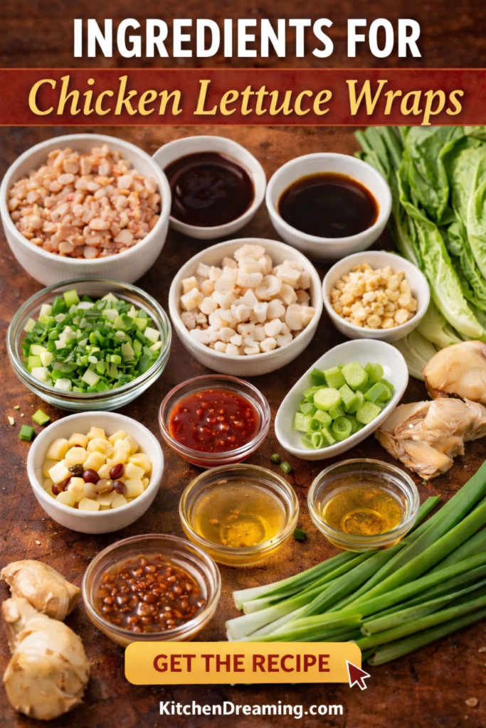 PF Chang’s Ground Chicken Lettuce Wraps (Better Than Takeout, Easy & Customizable) 9 Ingredients for PF Chang’s chicken lettuce wraps including ground chicken and sauces.