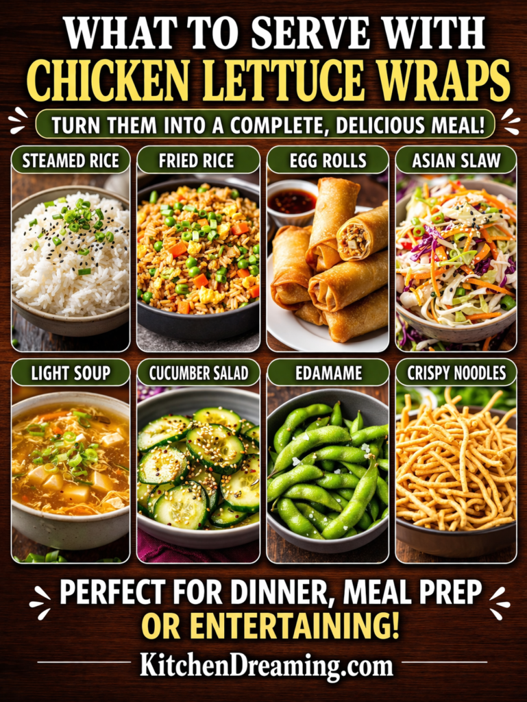 PF Chang’s Ground Chicken Lettuce Wraps (Better Than Takeout, Easy & Customizable) 11 What to serve with PF Chang’s chicken lettuce wraps including rice and egg rolls.