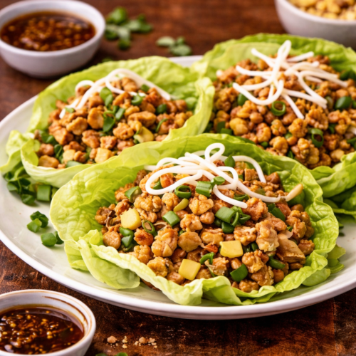 PF Chang’s Ground Chicken Lettuce Wraps (Better Than Takeout, Easy & Customizable) 7 PF Chang’s chicken lettuce wraps copycat recipe served on plate with sauce.