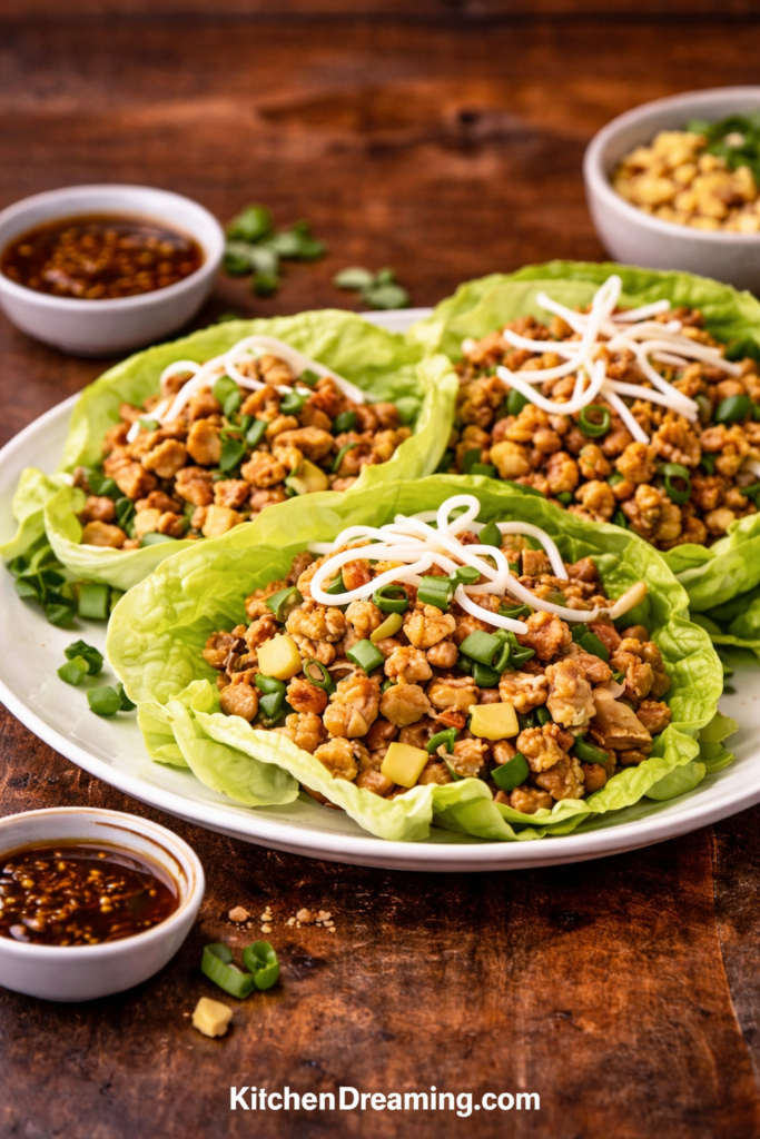 PF Chang’s Ground Chicken Lettuce Wraps (Better Than Takeout, Easy & Customizable) 1 PF Chang’s chicken lettuce wraps copycat recipe served on plate with sauce.