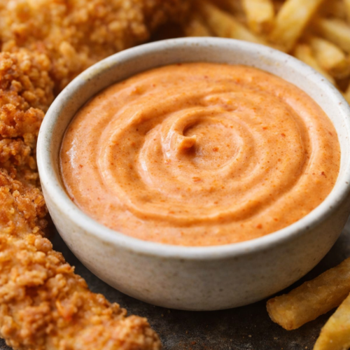 dave’s hot chicken sauce recipe served with crispy chicken tenders and fries.