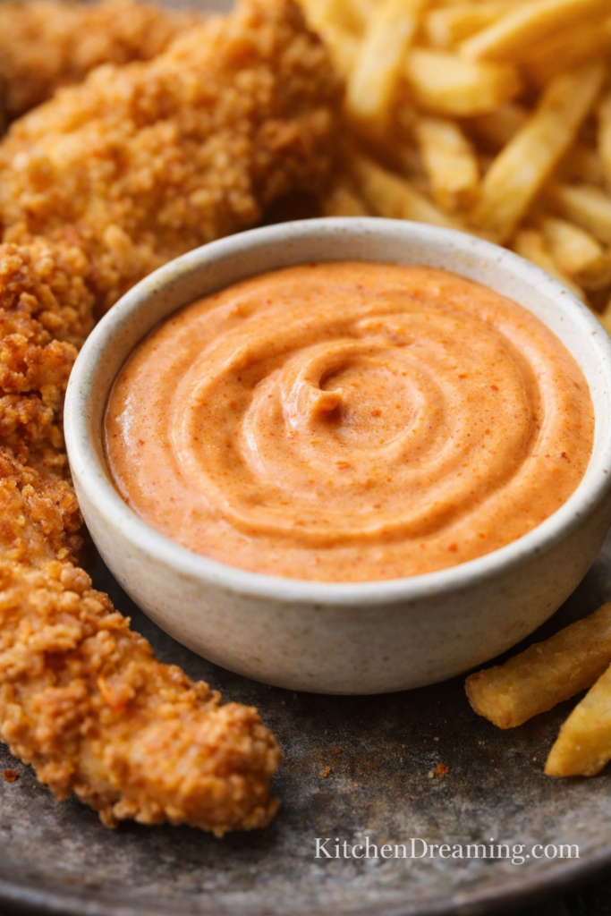 dave’s hot chicken sauce recipe served with crispy chicken tenders and fries.
