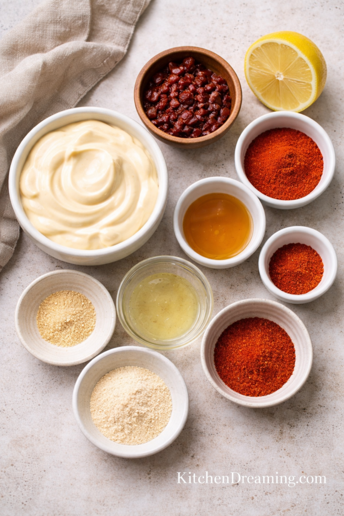 Dave’s Hot Chicken Sauce Recipe (Easy Copycat Version) 2 ingredients for dave’s hot chicken sauce recipe arranged in flat lay.