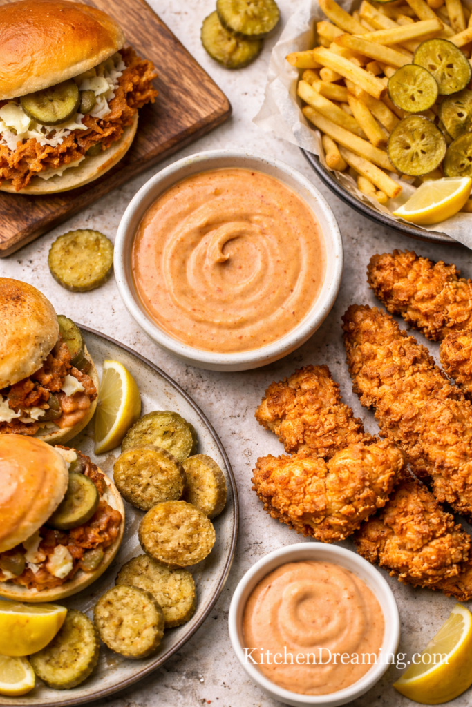 Dave’s Hot Chicken Sauce Recipe (Easy Copycat Version) 4 foods served with dave’s hot chicken sauce recipe including fries and chicken.