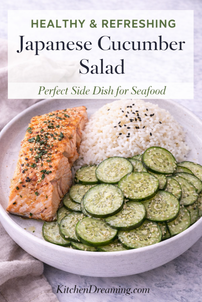 Japanese Cucumber Salad (Sunomono Recipe) Easy and Refreshing 12 Japanese cucumber salad served with salmon and rice.