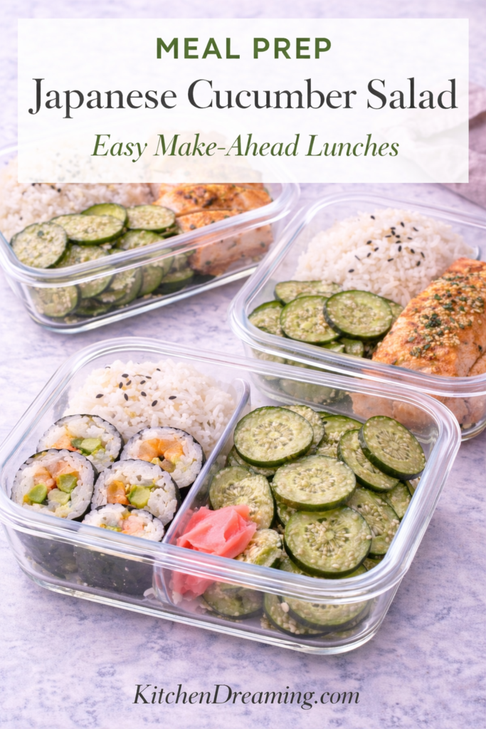 Japanese Cucumber Salad (Sunomono Recipe) Easy and Refreshing 13 Japanese cucumber salad meal prep with sushi and rice.